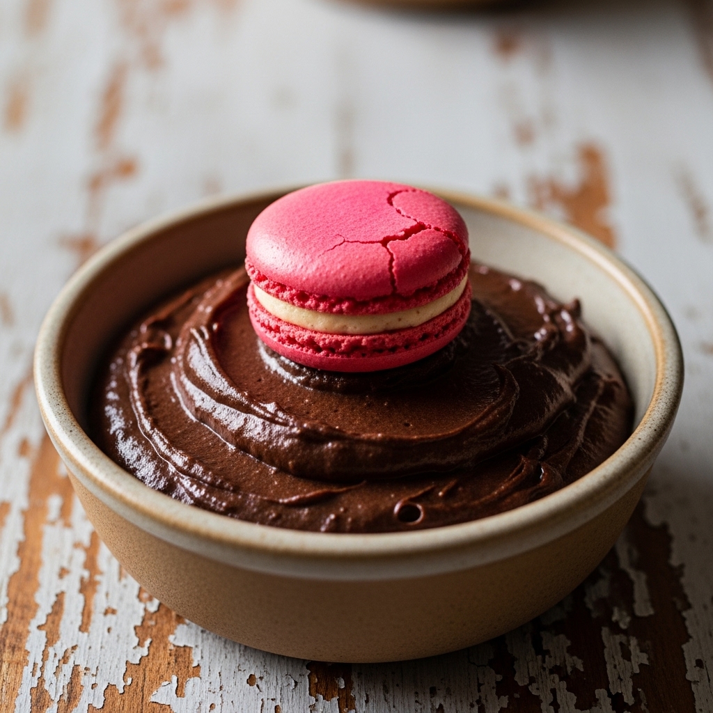 Amaretto-Infused Dark Chocolate Mousse with Raspberry Macaroon