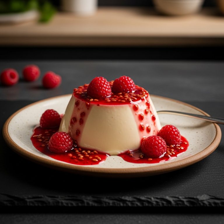 Amaro-Infused Almond Milk Panna Cotta with Fresh Raspberry Coulis