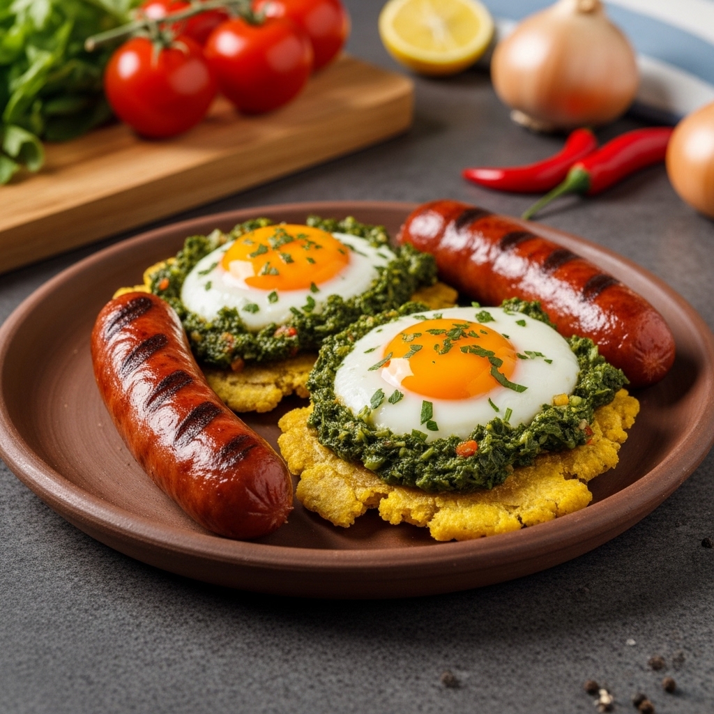 Argentinian Breakfast Embracing Paleo: Deliciously Satisfying Chimichurri Baked Eggs on Crispy Plantain Hash & Spicy Grilled Sausage