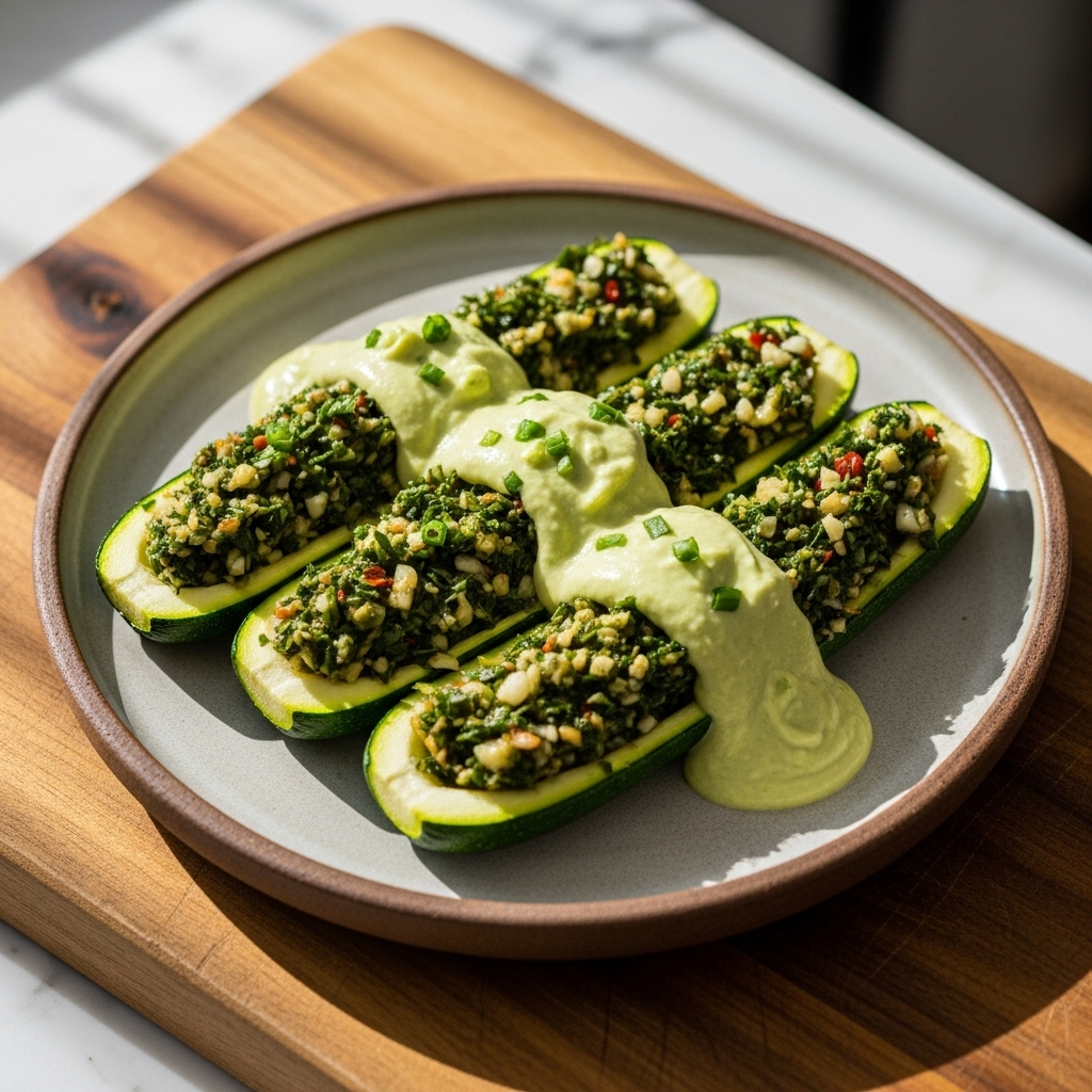 Argentinian Chimichurri Stuffed Zucchini Boats with Avocado Crema