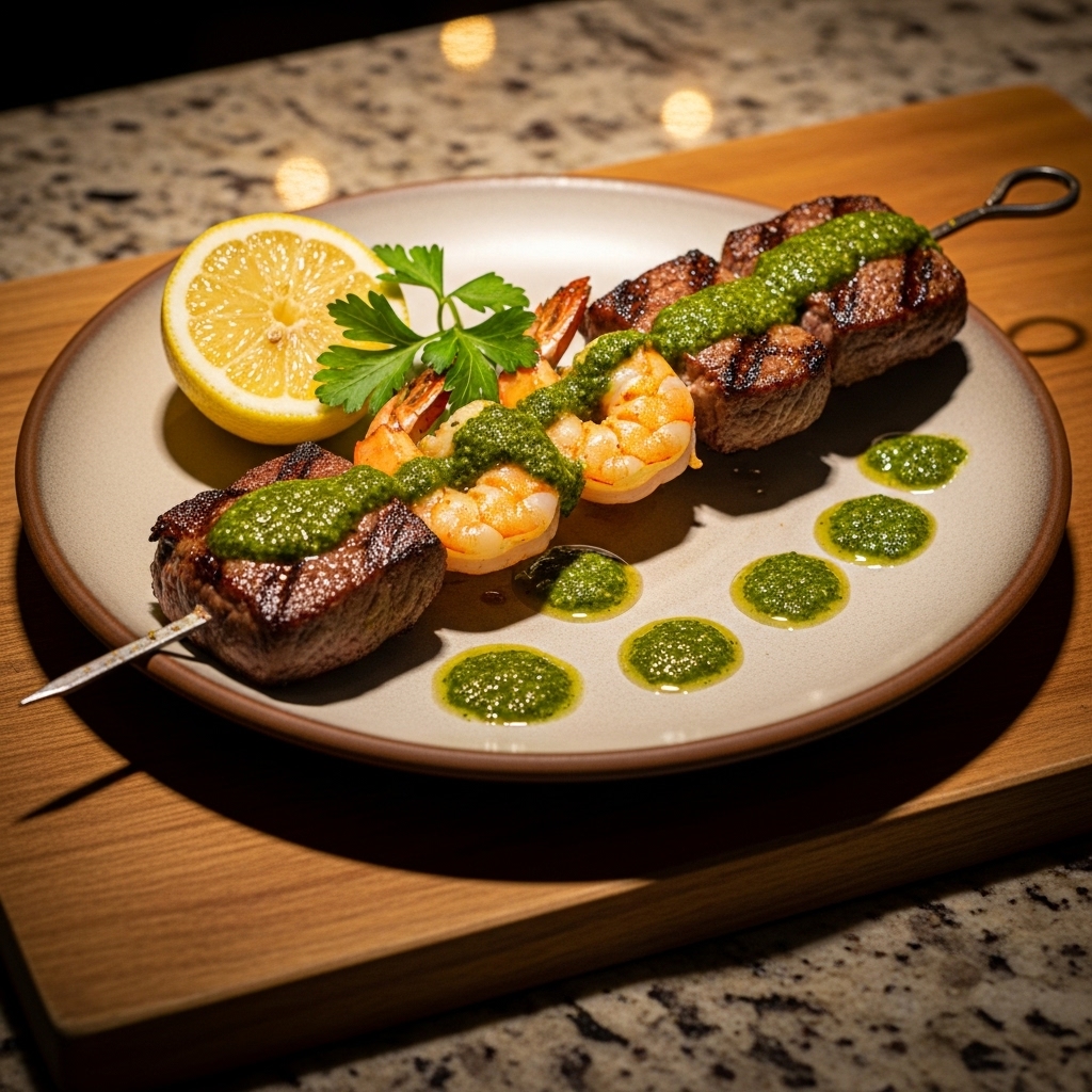 Argentinian Gluten-Free Surf and Turf Feast: Steak and Shrimp Skewers with Chimichurri Sauce