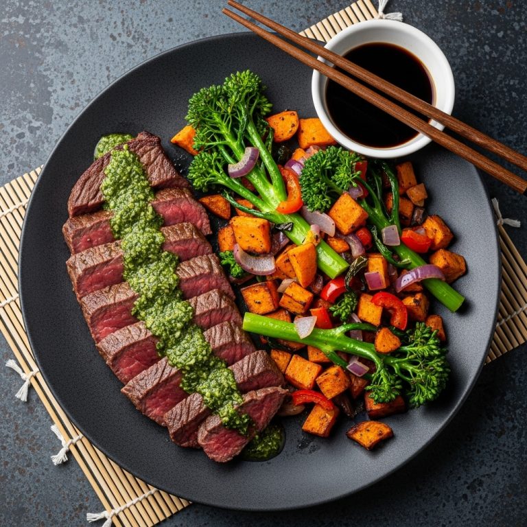 “Argentinian Herb-Infused Chimichurri Steak with Roasted Sweet Potato Hash & Broccoli Rabe”
