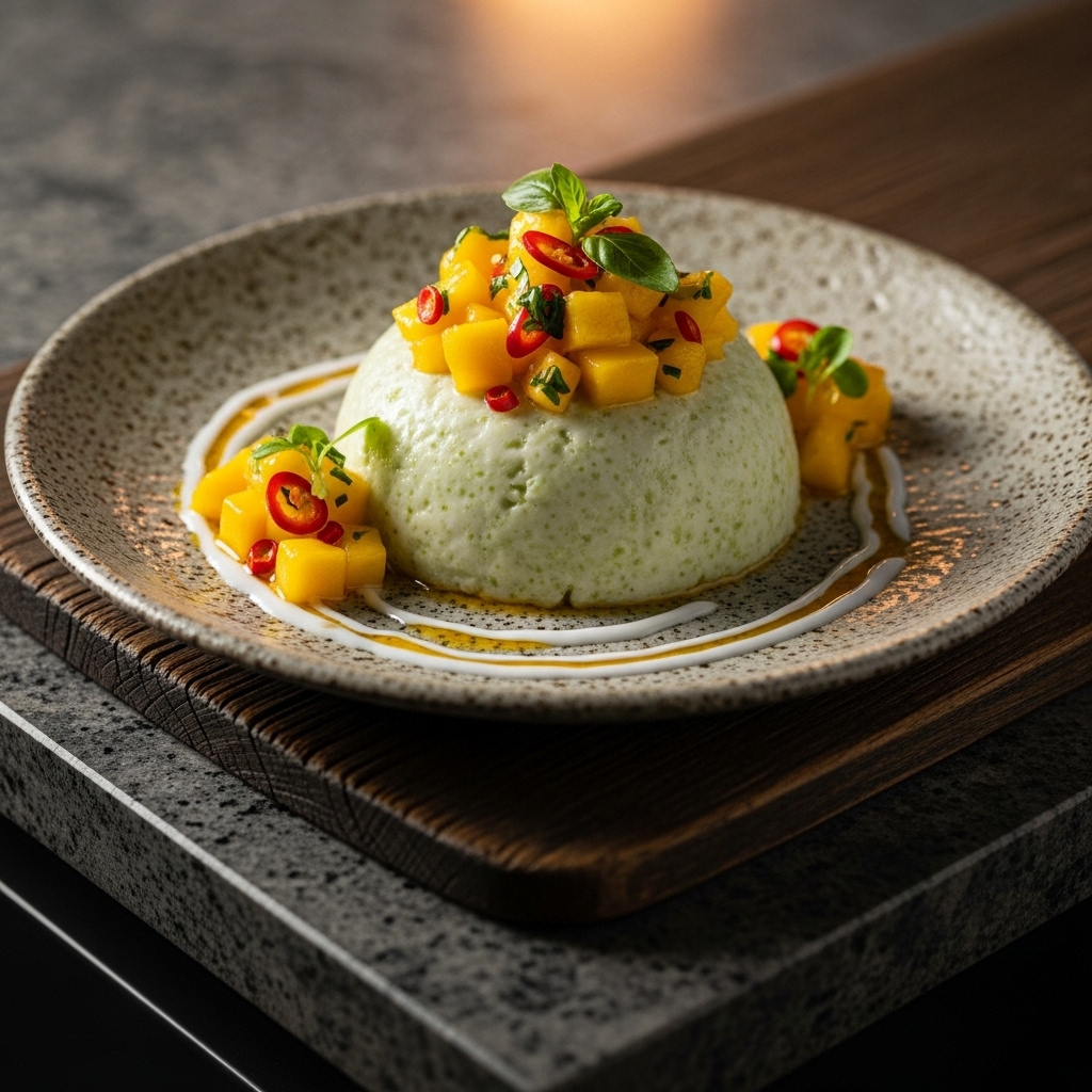 “Aromatic Coconut Pandan Rice Pudding with Mango Salsa: A Vegetarian Malaysian Dessert Masterpiece”