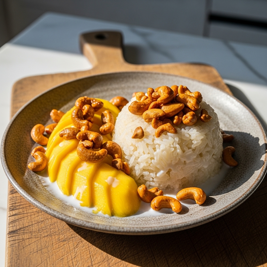 “Aromatic Coconut Sticky Rice with Mango & Caramelized Cashew Topping – A Vegetarian Thai Dessert Delight”