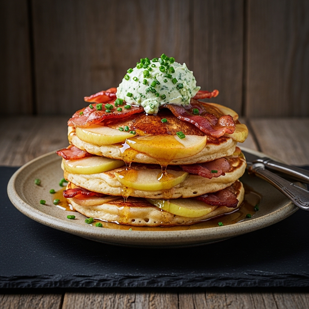 “Aromatic German Gluten-Free Brunch Delight: Apple Pancake Stacks with Bacon & Fresh Herb Butter”