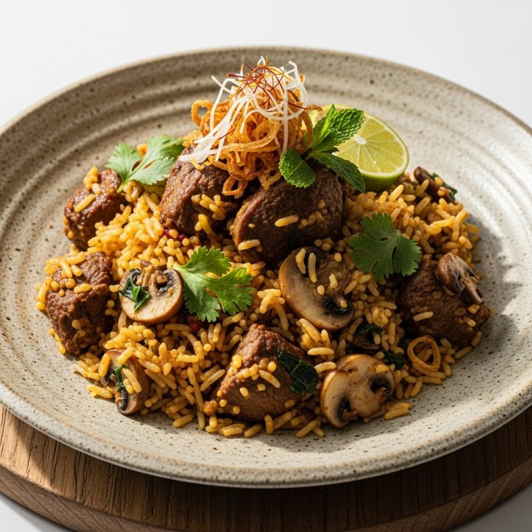 “Aromatic Gluten-Free Pakistani Lamb Biryani with Mushroom Rice”