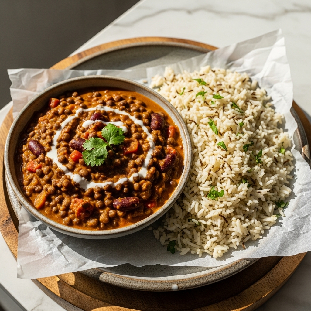 Aromatic Indian Lentil and Vegetable Curry (Daal Makhani) with Cumin Rice