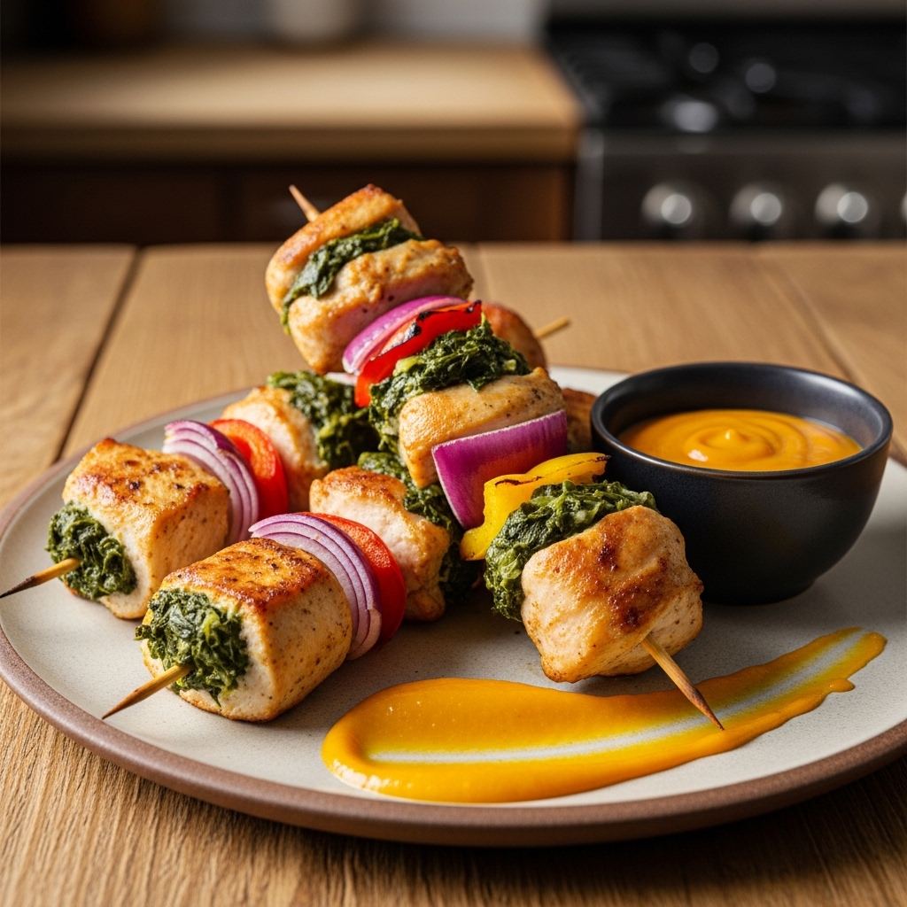“Aromatic Kenyan Gluten-Free Sukuma Wiki Stuffed Chicken Breast Skewers with Mango Dip”