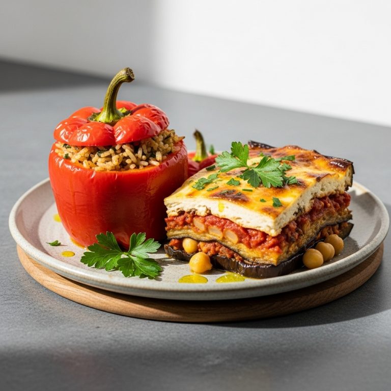 “Aromatic Lebanese Vegetarian Feast: Stuffed Bell Peppers & Eggplant Moussaka”