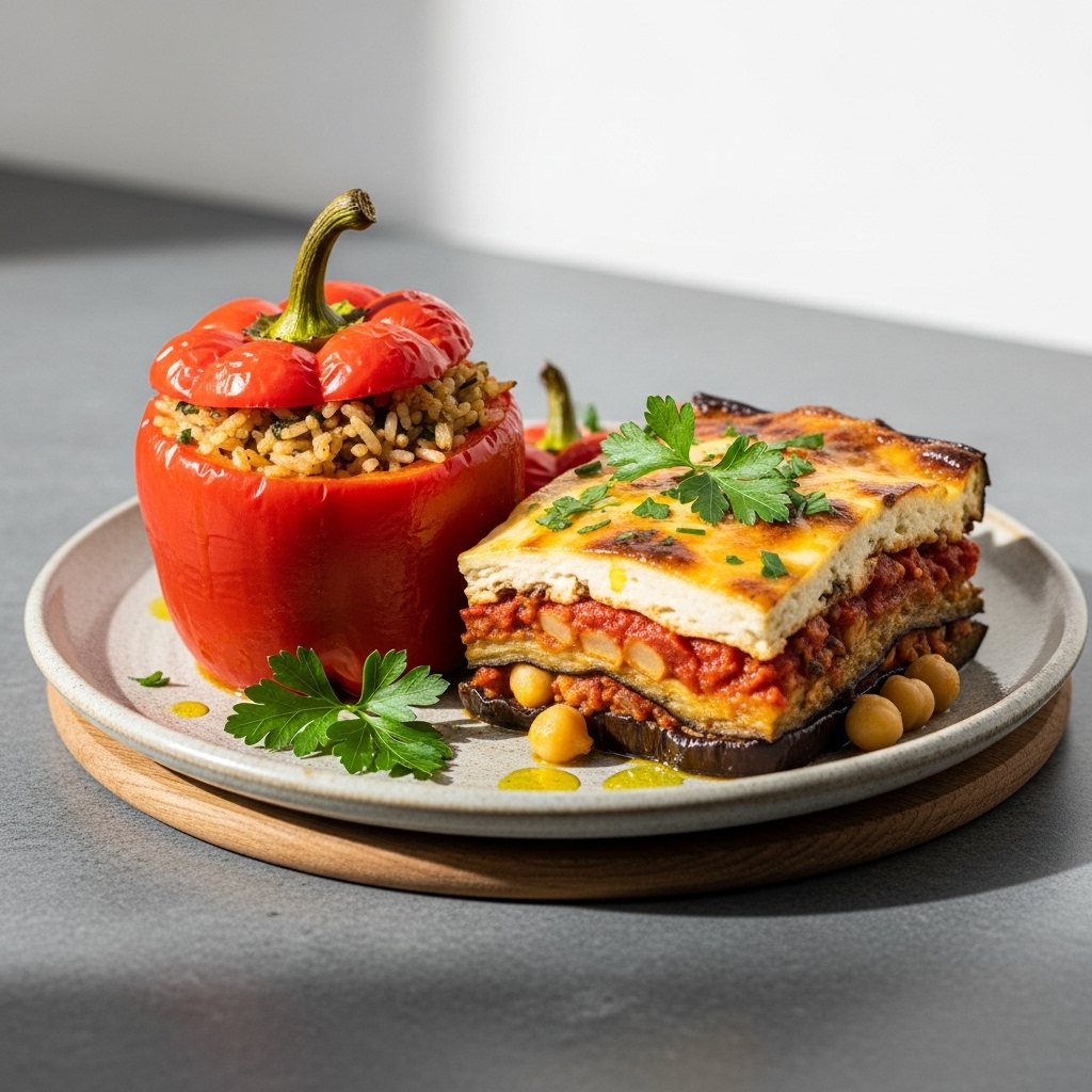 “Aromatic Lebanese Vegetarian Feast: Stuffed Bell Peppers & Eggplant Moussaka”