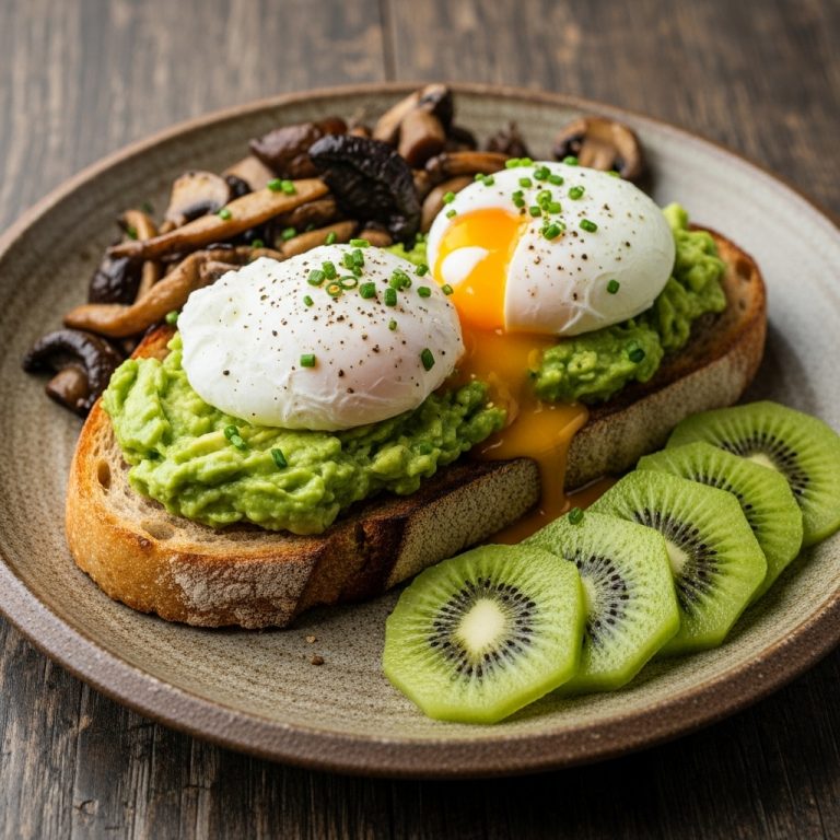 Aromatic New Zealand Breakfast: Kiwifruit Avocado Smashed Toast with Poached Eggs and Wild Mushrooms