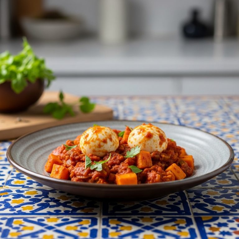 Aromatic Pakistani Breakfast Bowl: Spicy Shakarkandi (Sweet Potato) Hash & Quail Eggs in a Tomato-Coconut Sauce – Paleo Diet Friendly