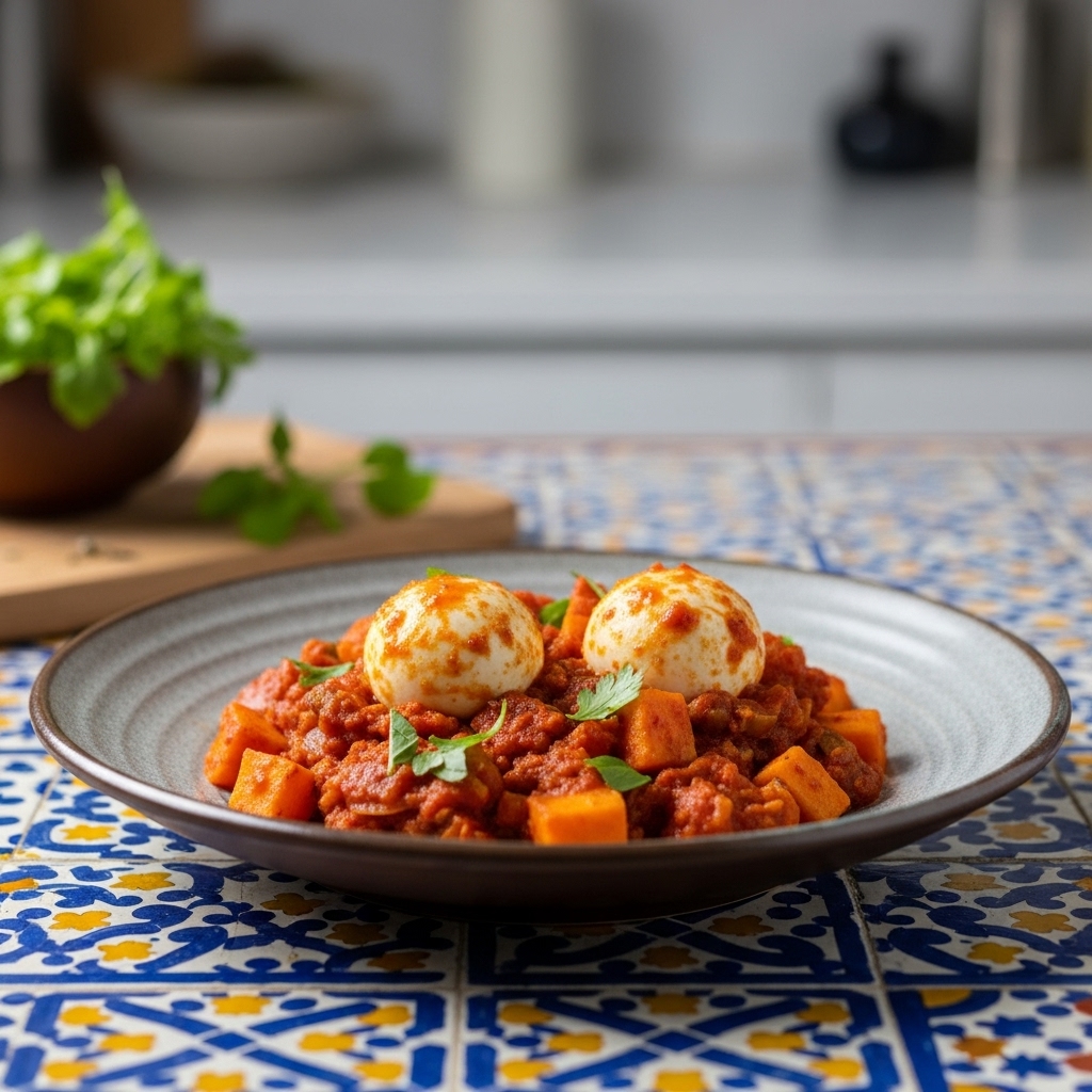 Aromatic Pakistani Breakfast Bowl: Spicy Shakarkandi (Sweet Potato) Hash & Quail Eggs in a Tomato-Coconut Sauce – Paleo Diet Friendly