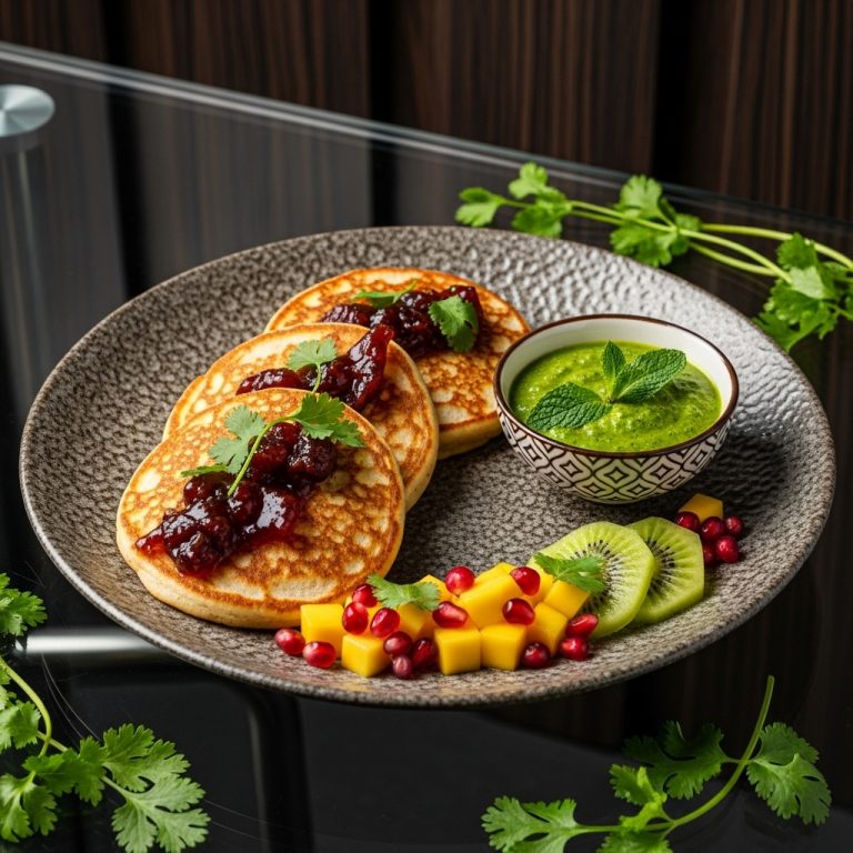 “Aromatic Pakistani Brunch: Gluten-Free Shakkartosa Pancakes with Chutney and Fruit Salad”