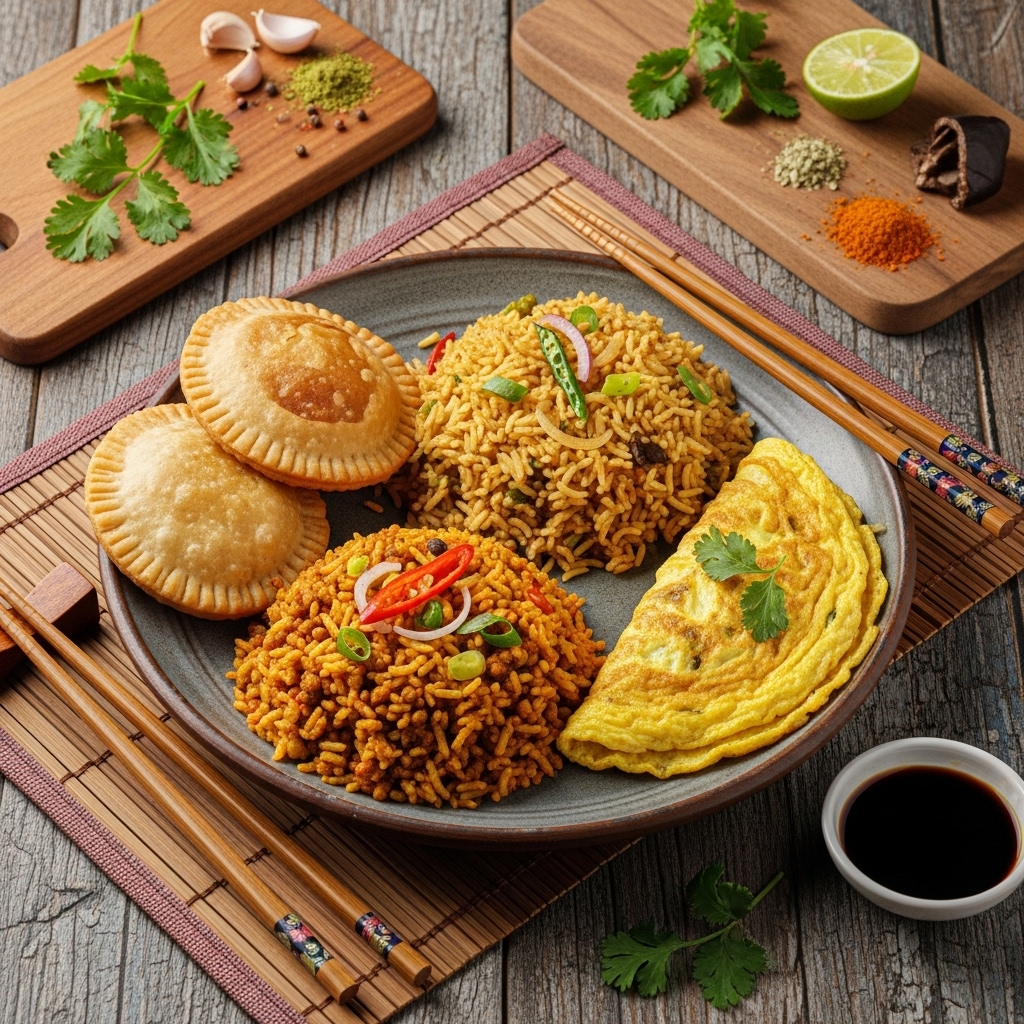 Aromatic Pakistani Vegetarian Breakfast Platter: Shakarpara, Keema Pulao & Masala Omelette