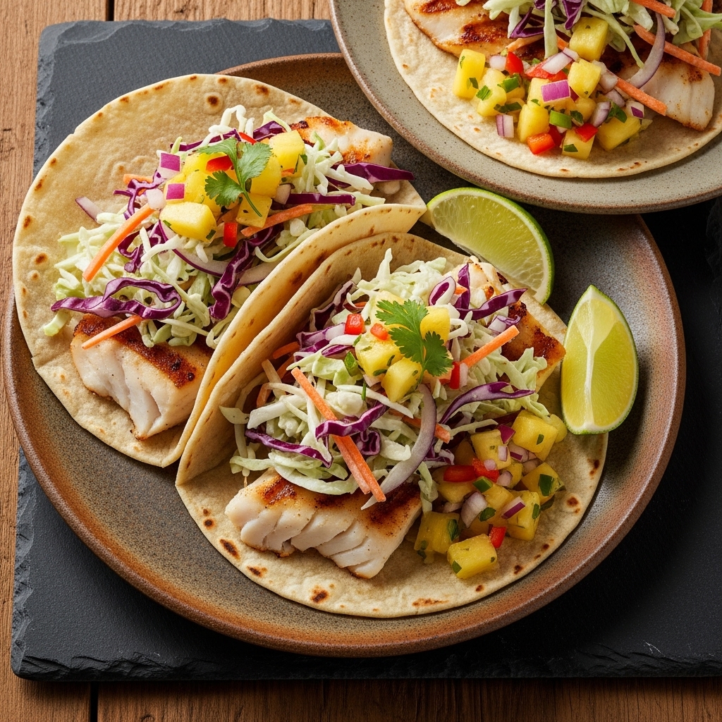 “Aromatic Polynesian Lunch: Grilled Fish Tacos with Coconut-Lime Slaw & Pineapple Salsa”
