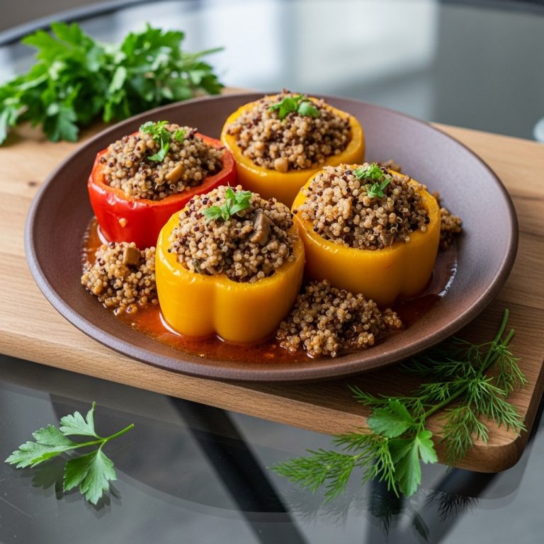 “Aromatic Vegan Hungarian Lunch: Mushroom-Stuffed Bell Peppers with Quinoa”