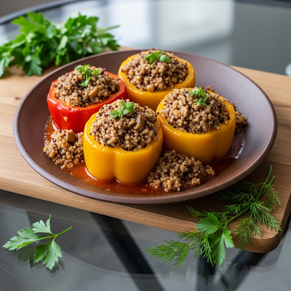 “Aromatic Vegan Hungarian Lunch: Mushroom-Stuffed Bell Peppers with Quinoa”