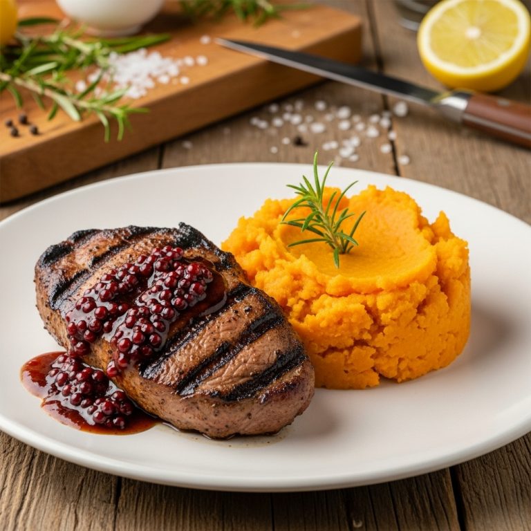 Australian Bush Tucker BBQ Feast: Grilled Kangaroo Steak with Native Pepperberry Sauce & Lemon Myrtle Mashed Sweet Potatoes