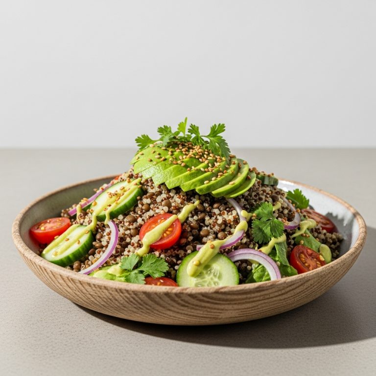 Australian Vegan Lentil and Quinoa Salad Bowl with Avocado-Lime Dressing