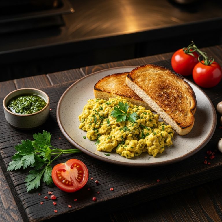 “Authentic Argentinian Breakfast: Delightful Chimichurri-Infused Scrambled Eggs with Crispy Toast”
