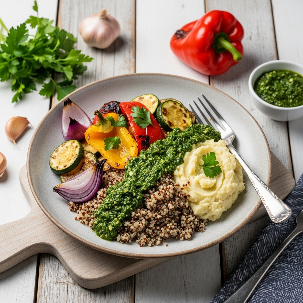 Authentic Argentinian Chimichurri Quinoa Bowl with Roasted Vegetables & Vegan Garlic Mashed Potatoes
