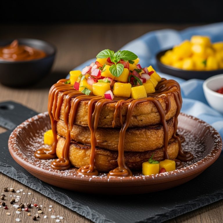 Authentic Argentinian Gluten-Free Churro French Toast Stack with Dulce de Leche Sauce and Mango Salsa