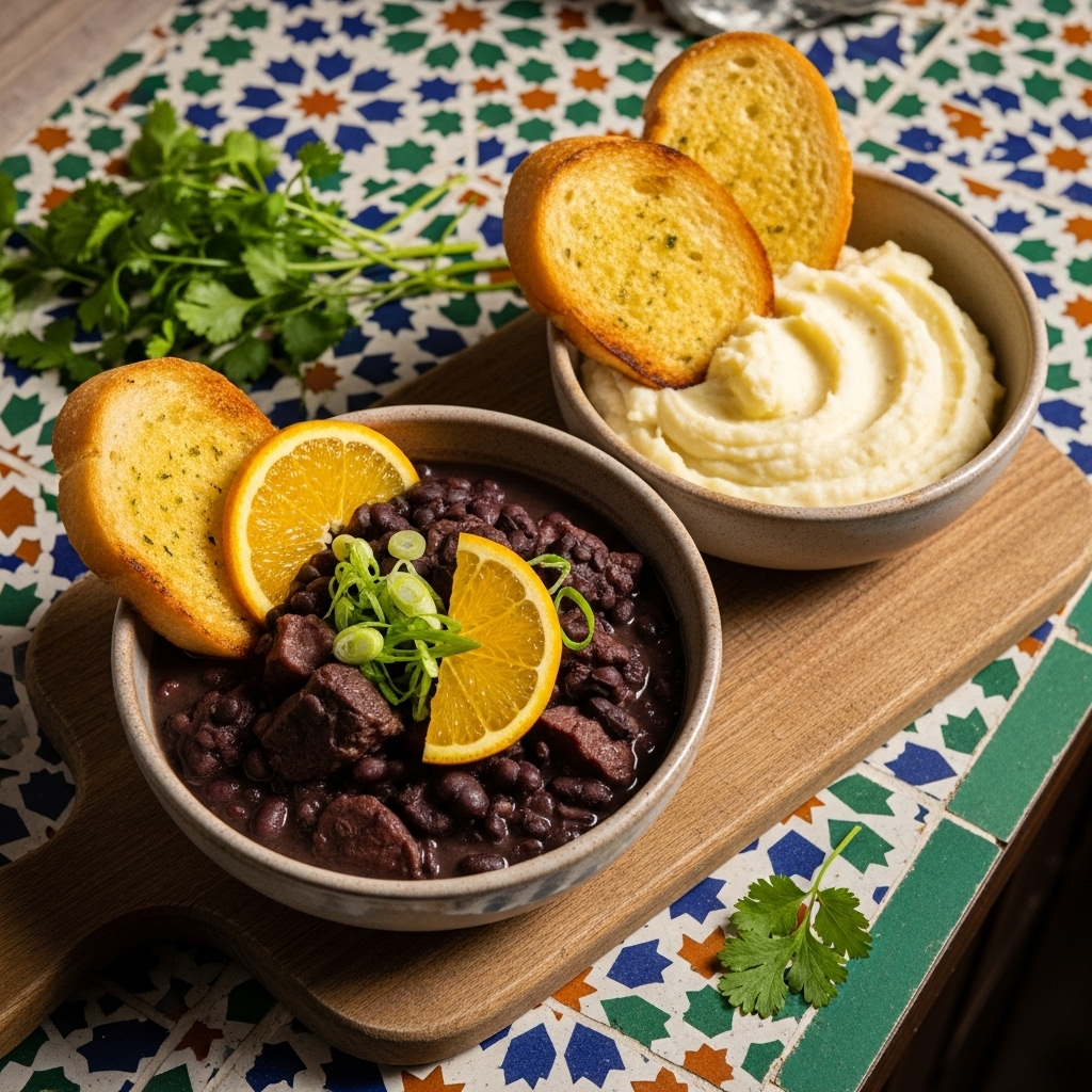 “Authentic Brazilian Brunch: Feijoada with Creamy Mashed Cauliflower & Garlic Toast”