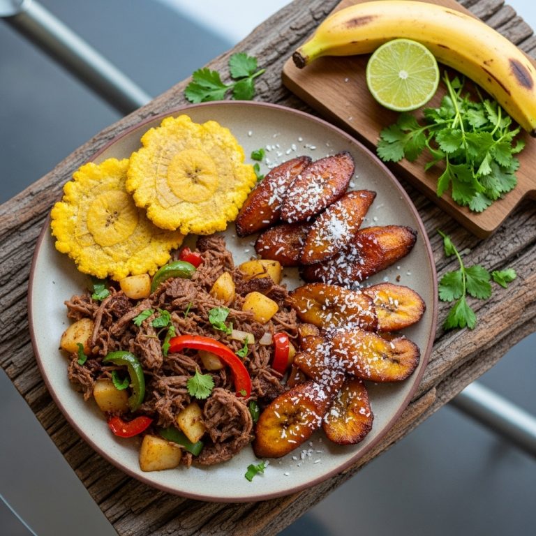 “Authentic Cuban Breakfast Feast: Ropa Vieja Hash, Tostones, and Coconut-Caramelized Plantains”