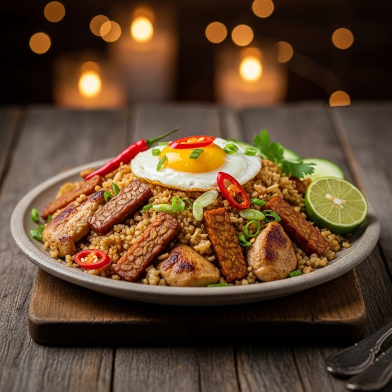 Authentic Indonesian Paleo Nasi Goreng with Chicken and Crispy Tempeh