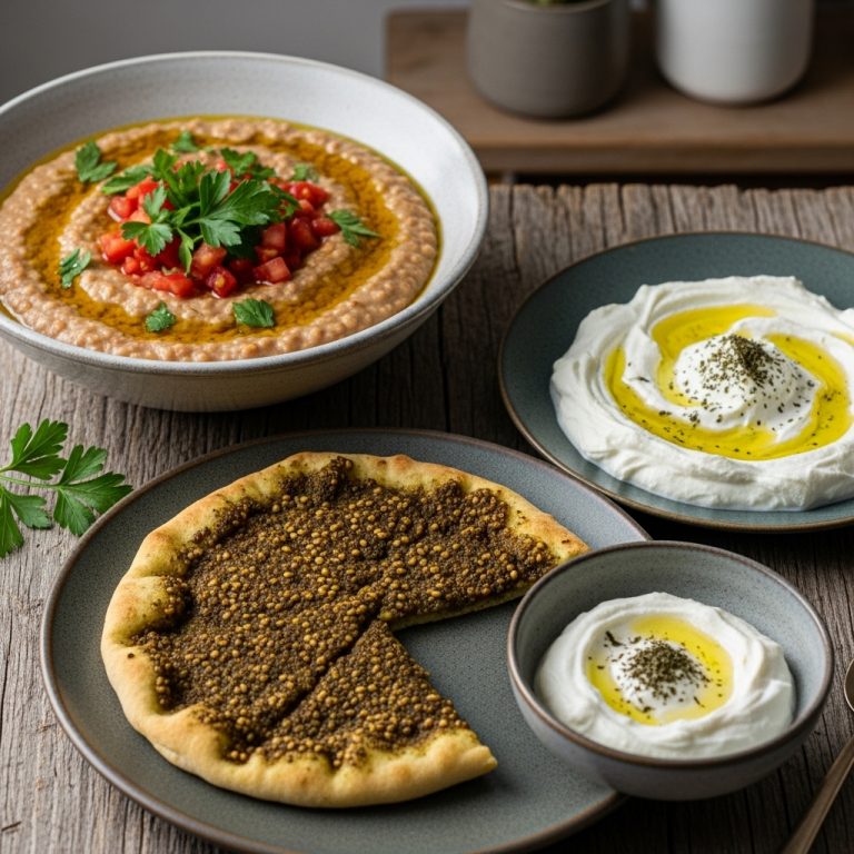 Authentic Lebanese Breakfast: Ful Medames, Za’atar Manakish, and Labneh