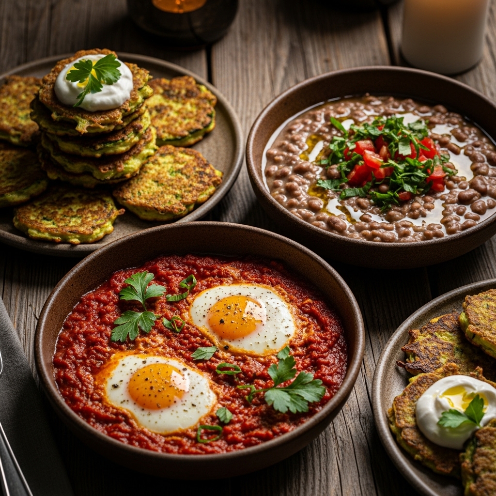 “Authentic Lebanese Brunch Feast: Shakshuka, Ful Medames, and Zucchini Fritters”
