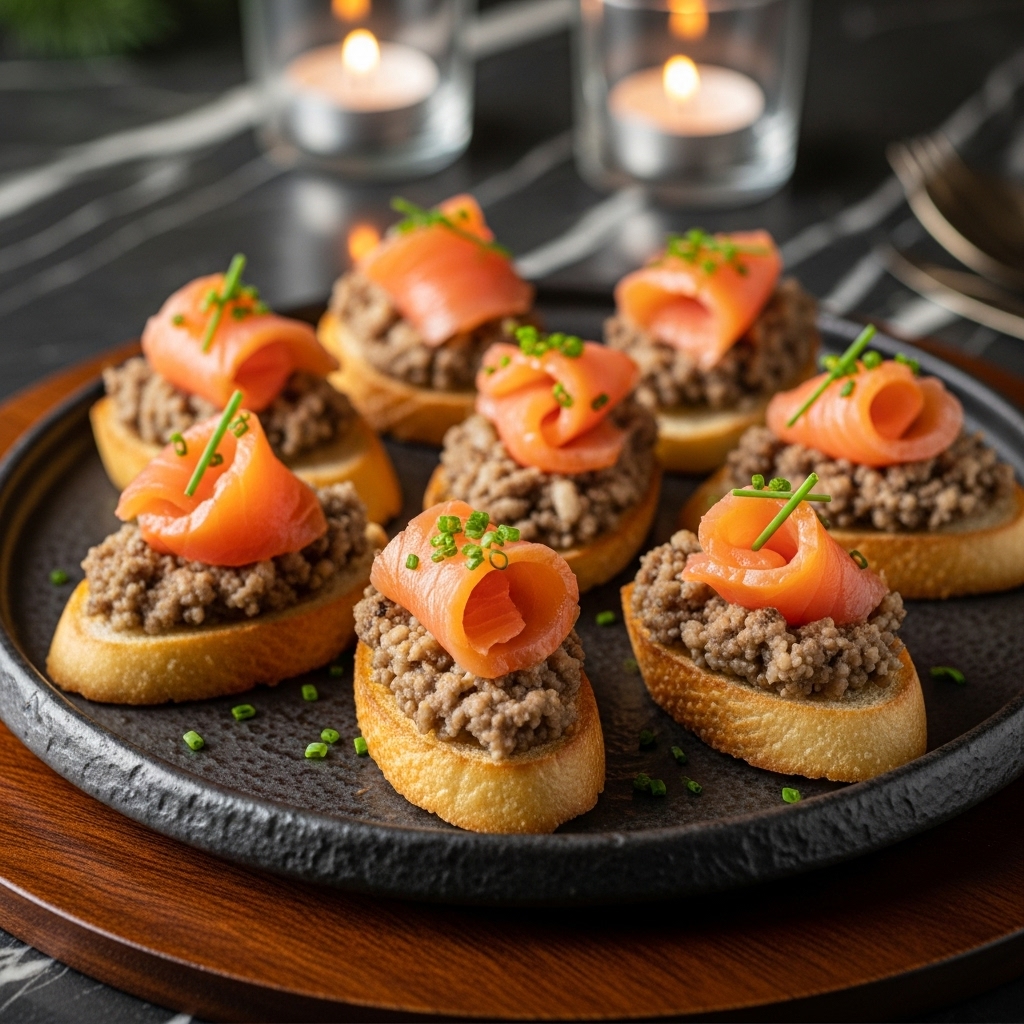 “Authentic Scottish Smoked Salmon and Creamy Haggis Crostini Starter”