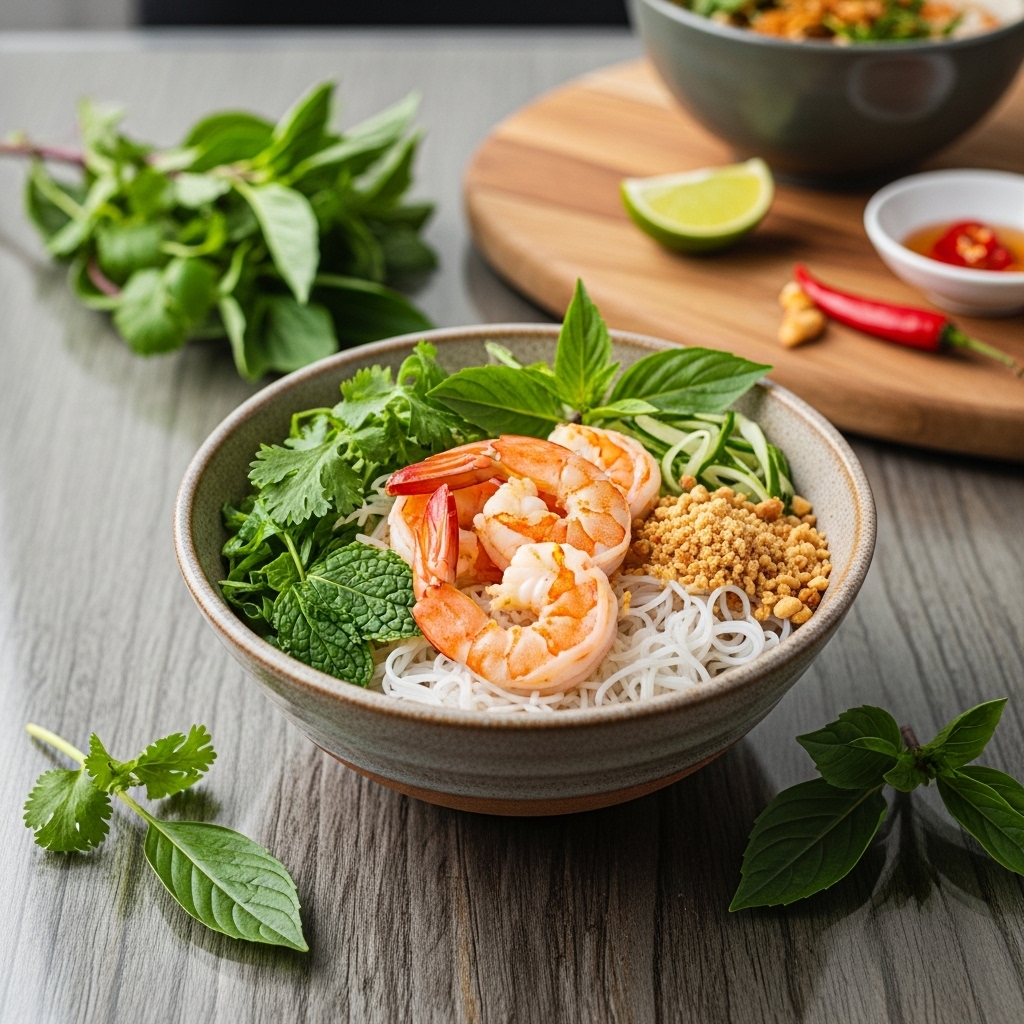 Authentic Vietnamese Gluten-Free Breakfast Bowl: Aromatic Shrimp & Rice Vermicelli Delight