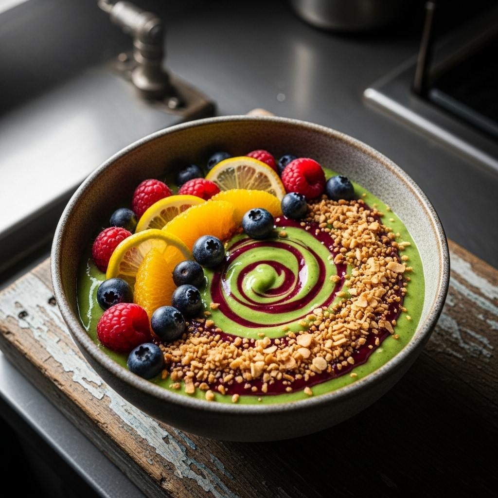 Avocado Smoothie Bowl with Citrus Berry Compote and Coconut Flakes
