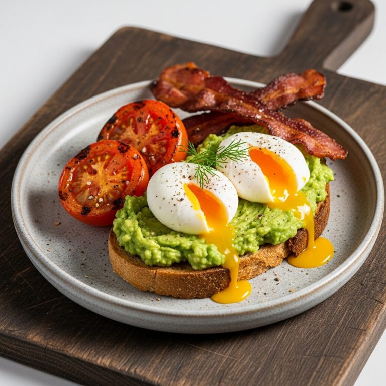 “Awaken Your Senses: Australian Paleo Avocado Smash with Grilled Tomato, Poached Eggs & Bacon”