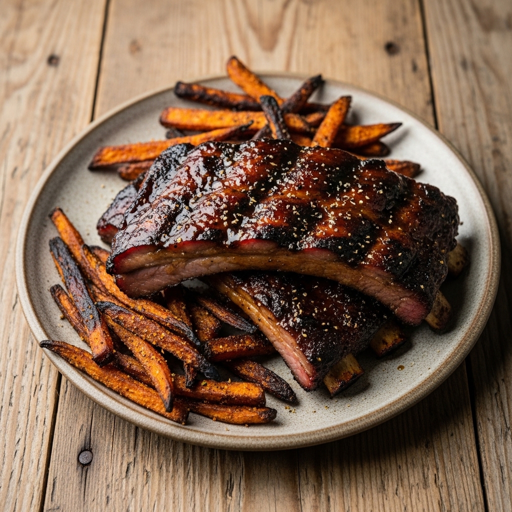 “BBQ Smokehouse Dinner: Whiskey-Glazed Ribs with Smoky Sweet Potato Fries”