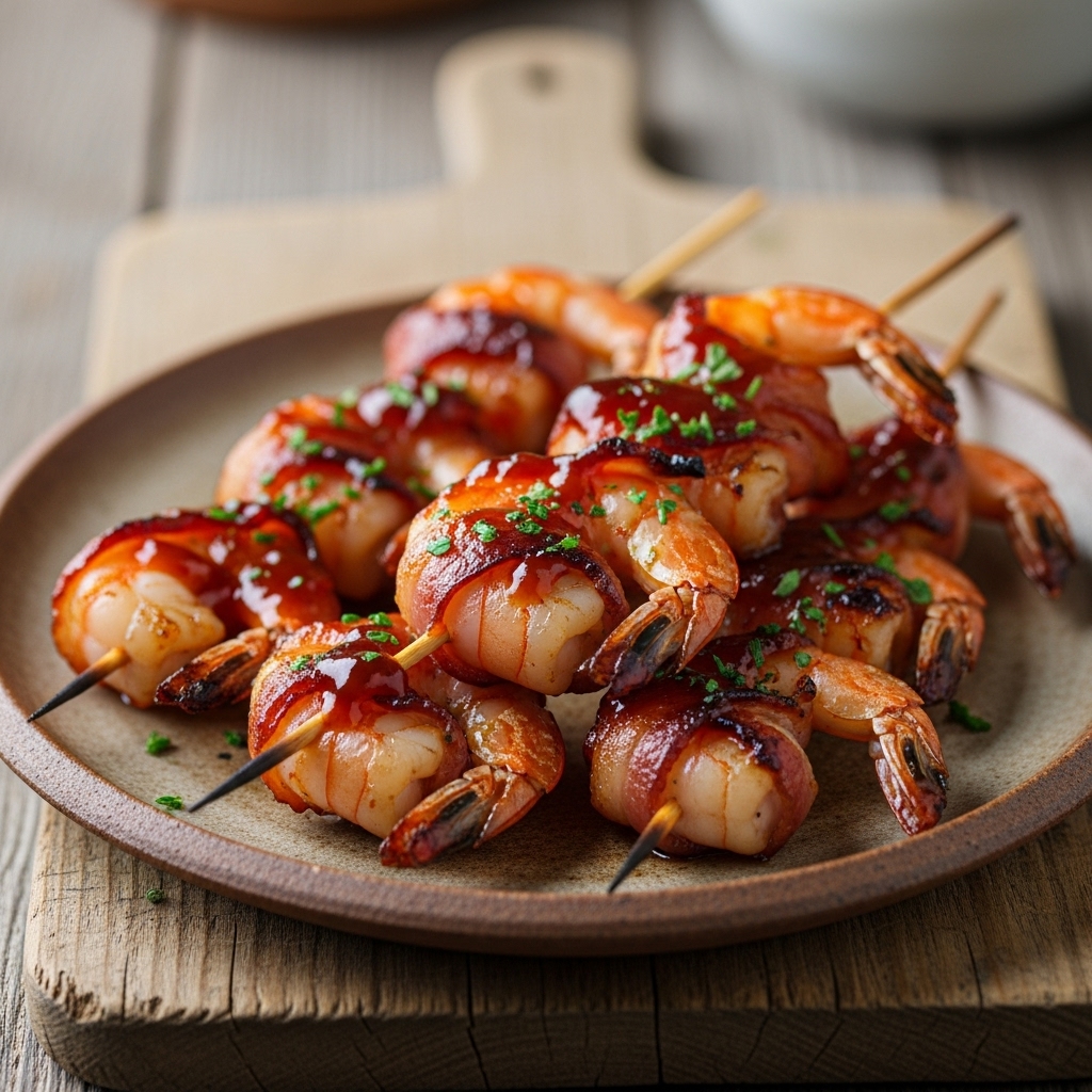 Blazin’ Bourbon BBQ Bacon Wrapped Shrimp Skewers