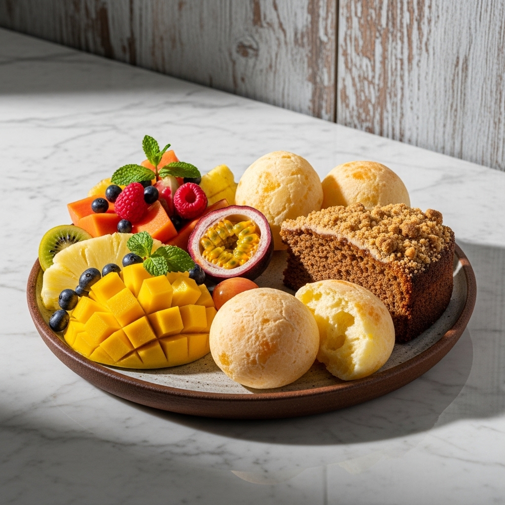 Brazilian Breakfast Platter: Tropical Fruit Salad, Cheese Bread, and Coffee Cake