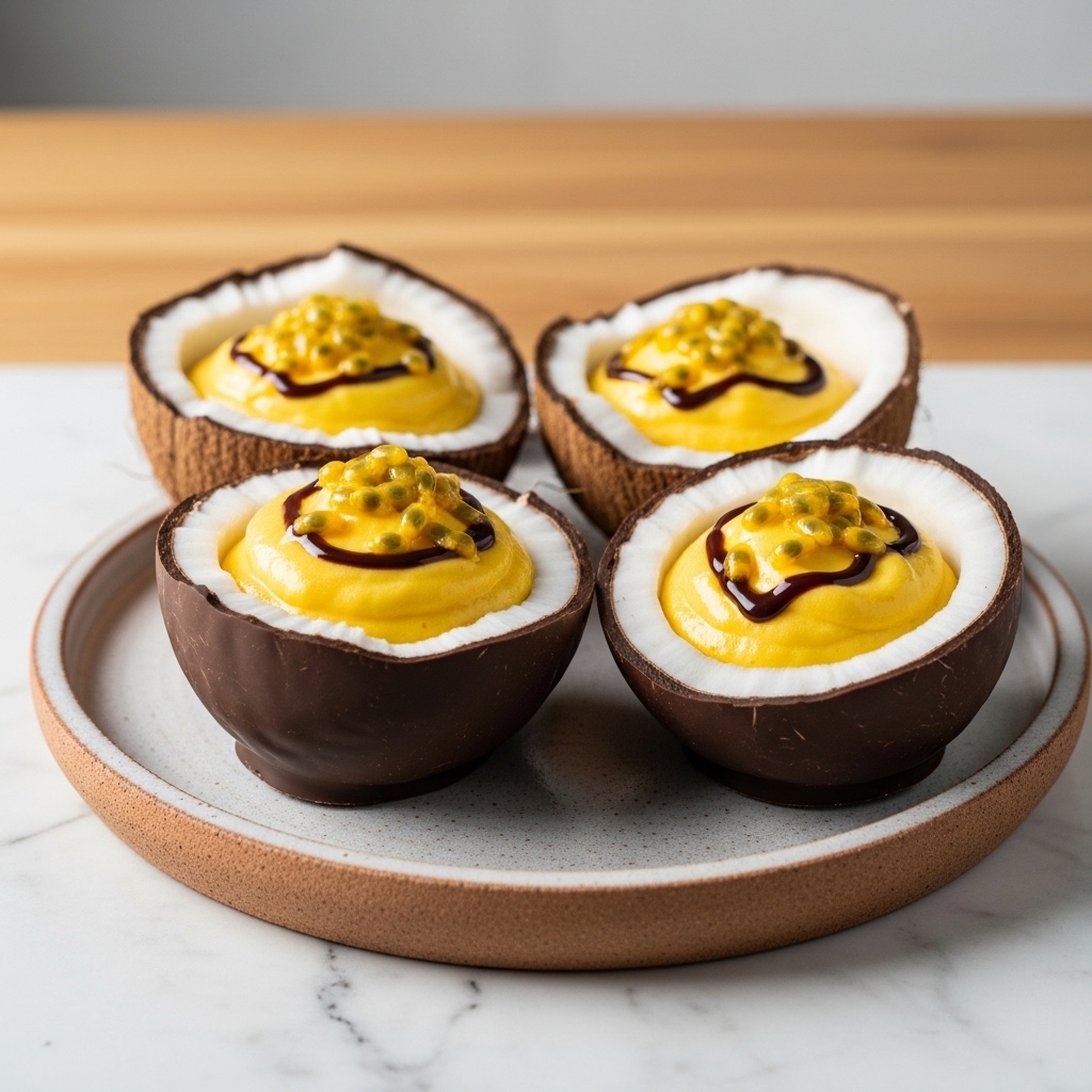 Brazilian Brunch Sweet: Passion Fruit Mousse in Chocolate-Dipped Coconut Cups