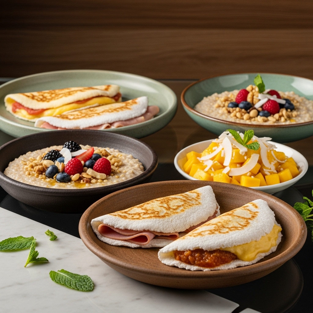 Brazilian Gluten-Free Breakfast Feast: Tapioca Crepes, Quinoa Porridge, and Coconut Mango Salad