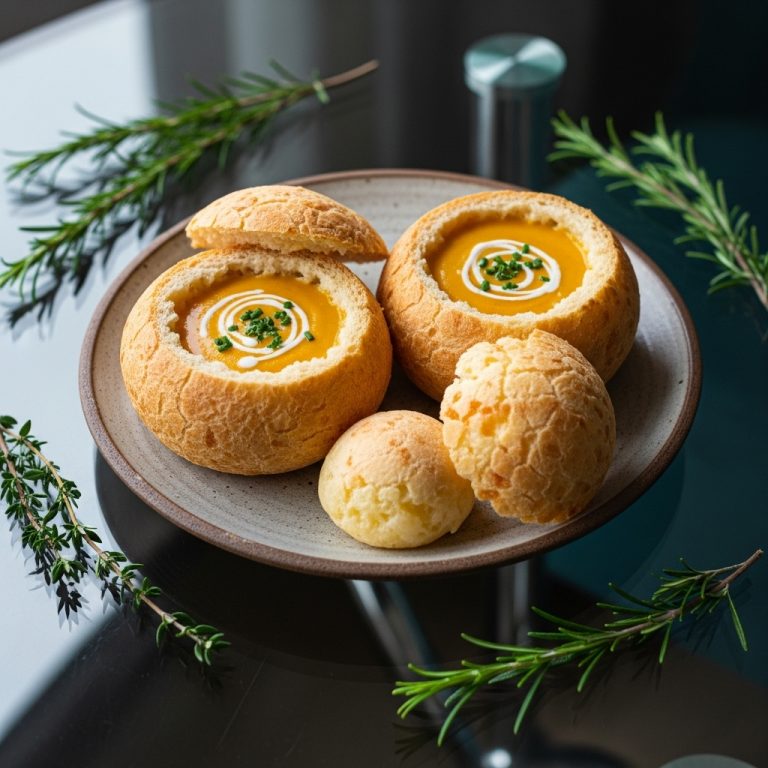 Brazilian Gluten-Free Cheese Bread Bowls Stuffed With Creamy Pumpkin Soup