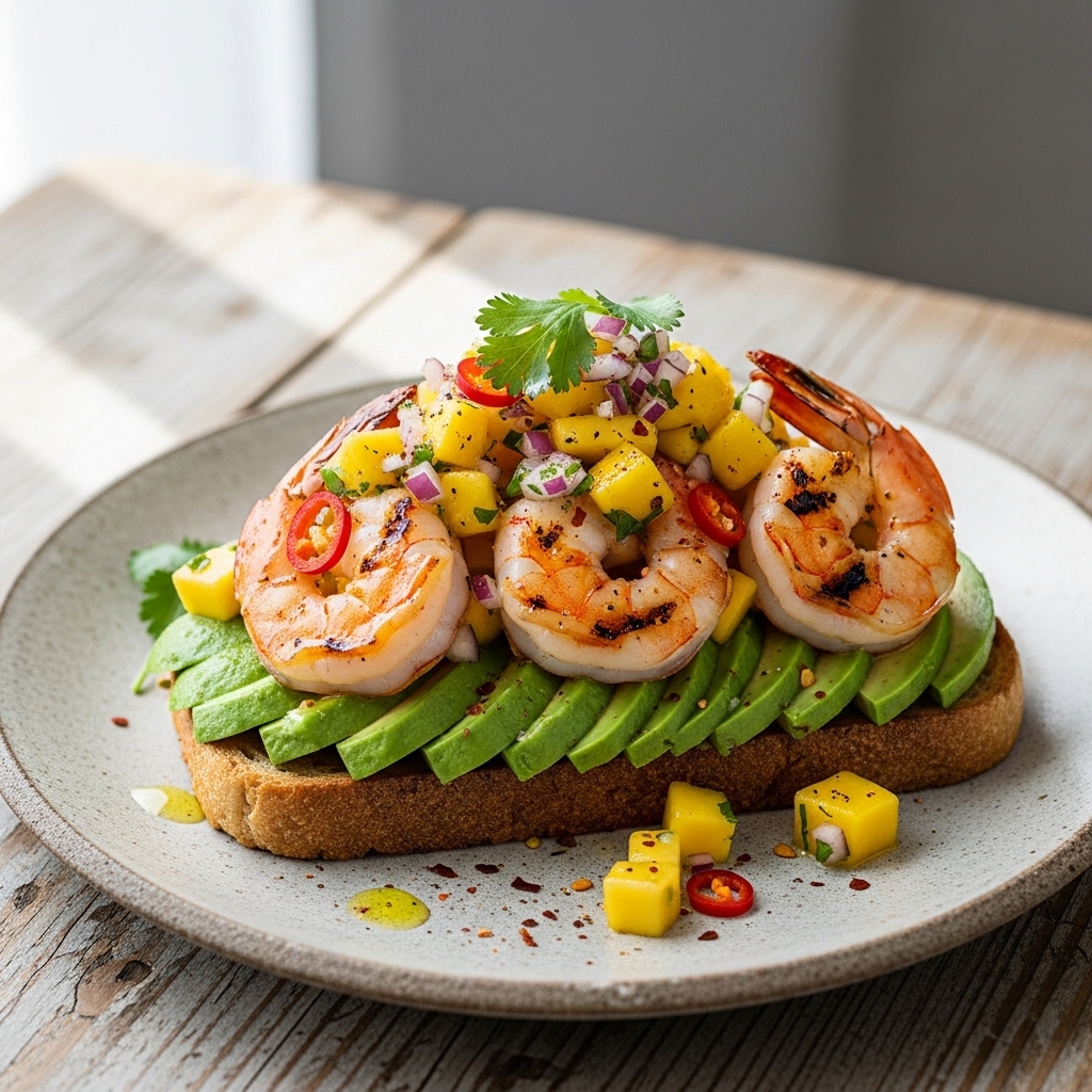Brazilian Keto Brunch: Delicious Avocado Toast with Grilled Prawns and Mango Salsa