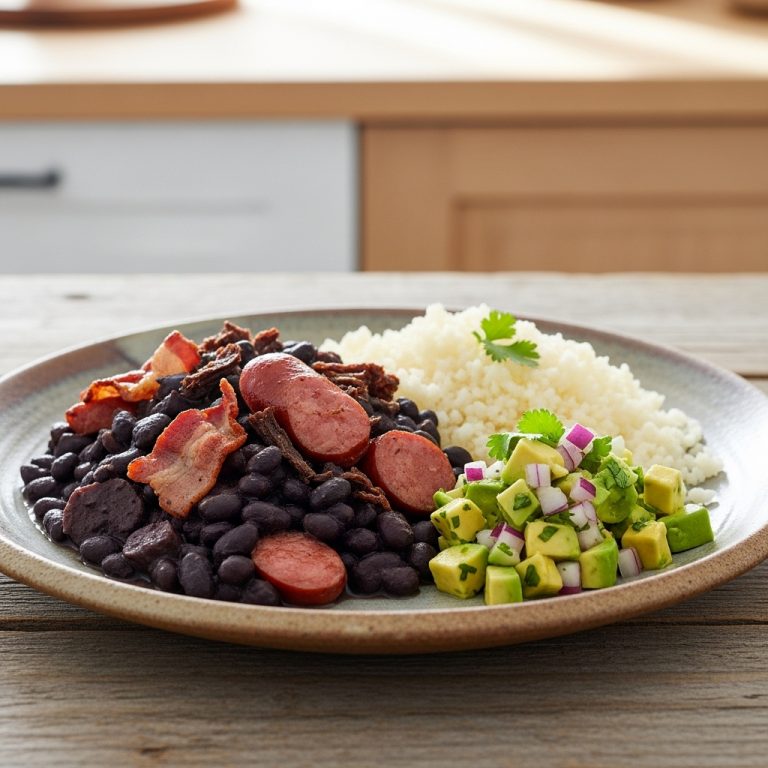 “Brazilian Keto Feijoada with Cauliflower Rice and Avocado Salsa”