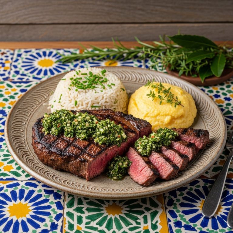 Brazilian Lunch Feast: Delicious Churrasco Steak with Garlic-Herb Rice & Creamy Polenta