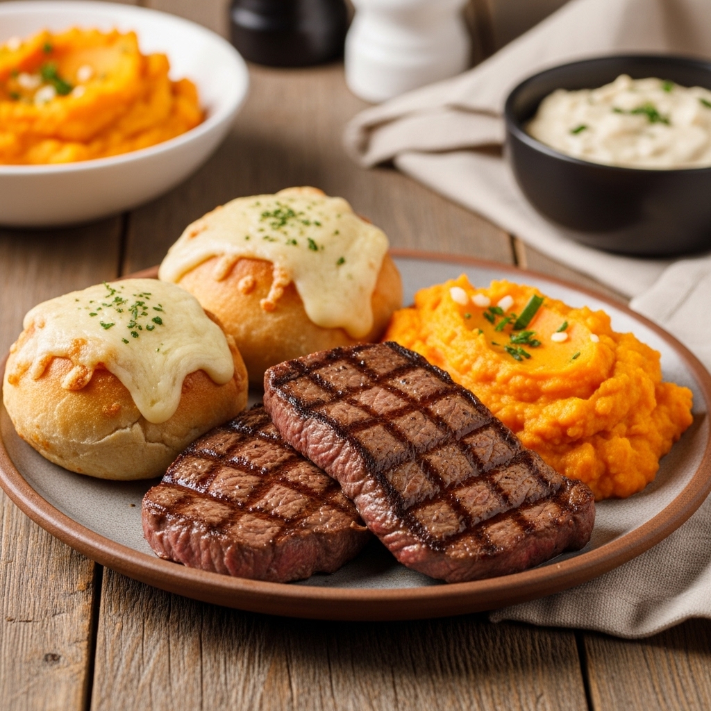 Brazilian Lunch Feast: Grilled Churrasco Steak with Creamy Cheese-Parmesan Bread and Garlic Mashed Sweet Potatoes
