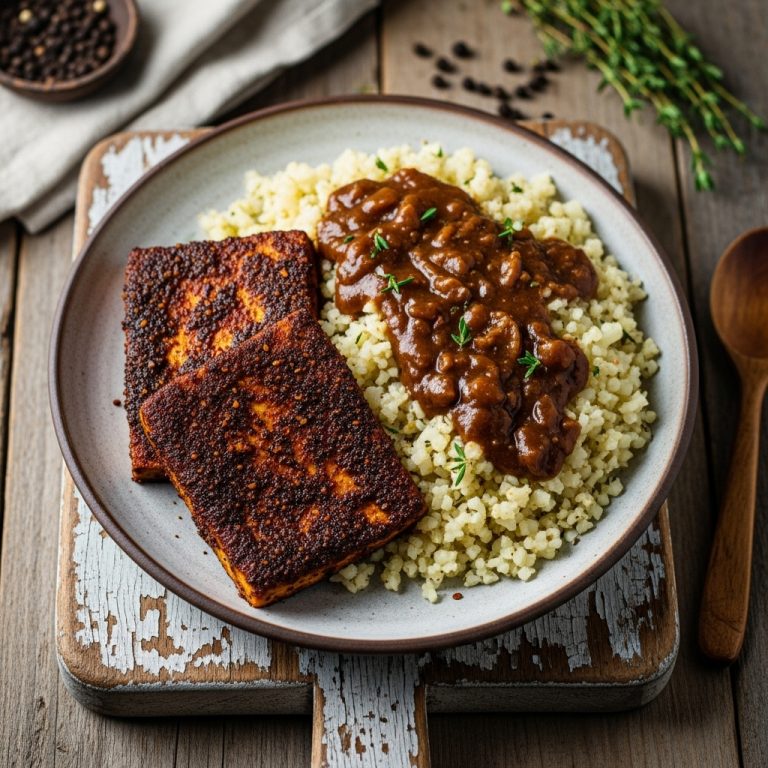 Cajun Lunch: Vegan Blackened Tofu with Cauliflower Rice & Creole Gravy