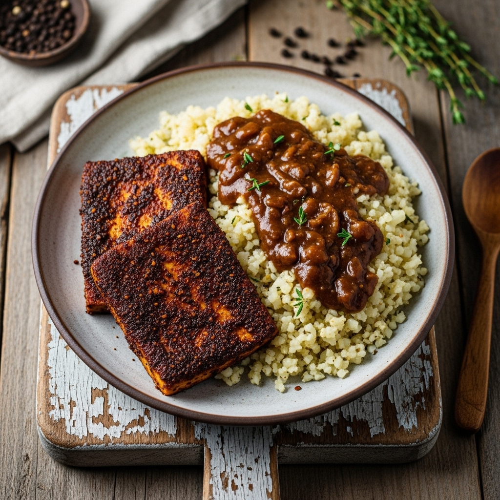 Cajun Lunch: Vegan Blackened Tofu with Cauliflower Rice & Creole Gravy