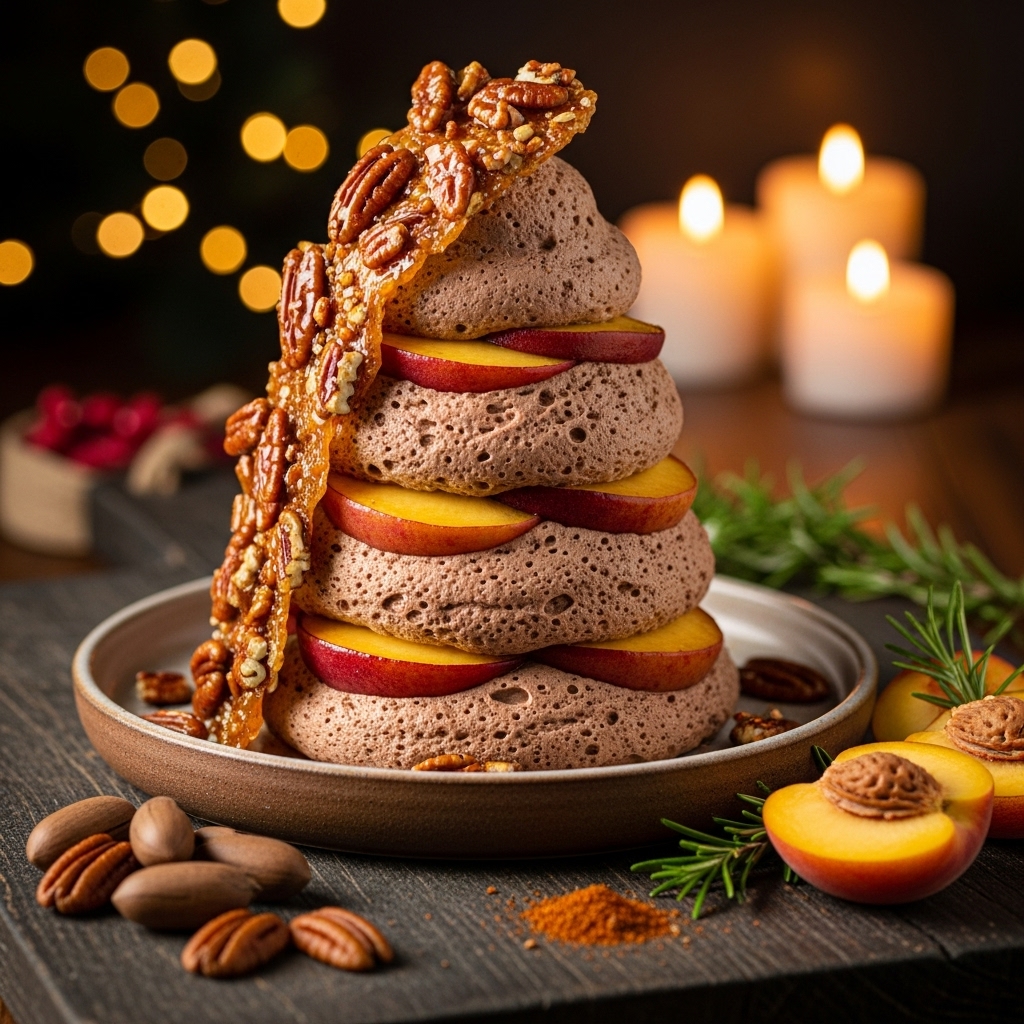 Cajun-Spiced Vegan Chocolate Mousse Tower with Caramelized Peaches and Pecan Brittle