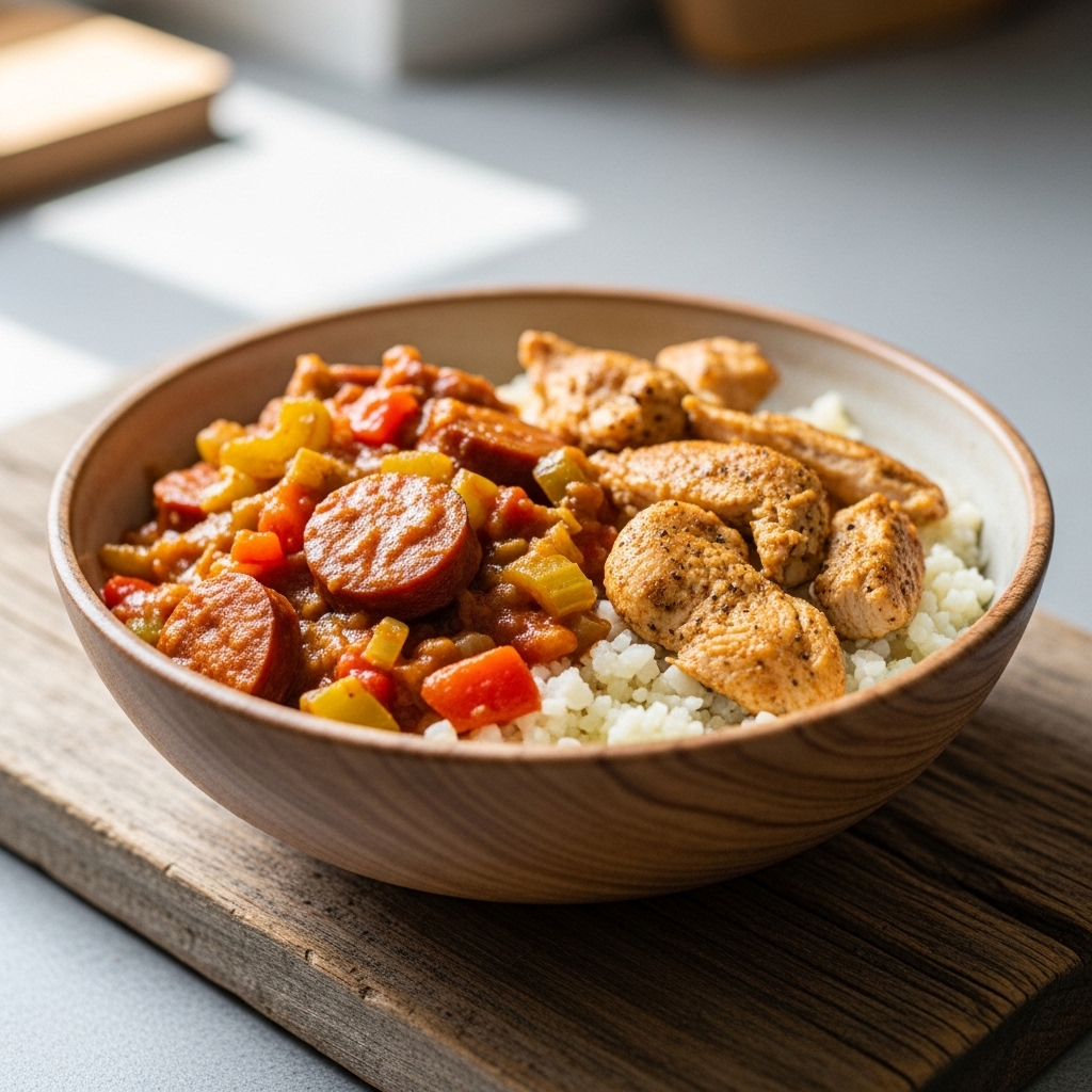 Cajun Vegan Etouffee and “Chicken” over Cauliflower Rice Bowl